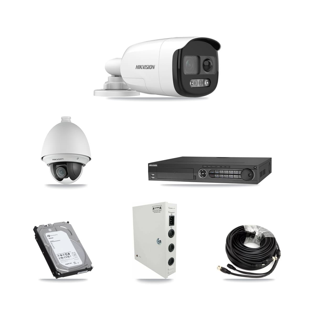 Hikvision 32-Channel 2MP – 5MP CCTV Kit — 1 DS-2AE4225T 2MP PTZ + 4 DS-2CE12KF3T 5MP Bullet Cameras + 6TB Recording (DS-7332HQHI Recorder)