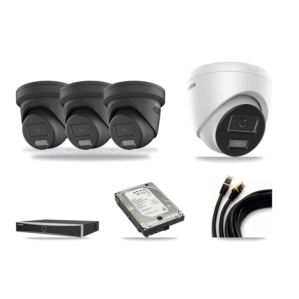 Hikvision 4-Channel 4MP CCTV Kit — 1 DS-2CD1343G2 + 3 DS-2CD2347G2 Turret Cameras + 5TB Recording - Image 1