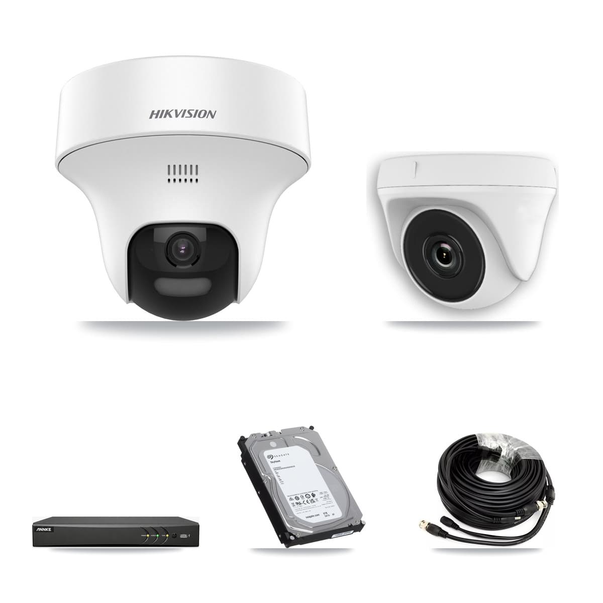 Hikvision & ANNKE 4-Channel 2MP – 5MP CCTV Kit — 3 DS-2CE70K0T 5MP Turret + 1 White HDT-2MP-N20W 2MP Dome Cameras + 6TB Recording