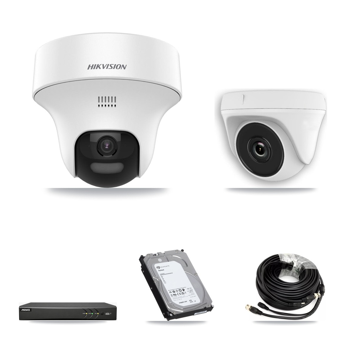 Hikvision & ANNKE 4-Channel 2MP – 5MP CCTV Kit — 3 DS-2CE70K0T 5MP Turret + 1 White HDT-2MP-N20W 2MP Dome Cameras + 6TB Recording - Image 1
