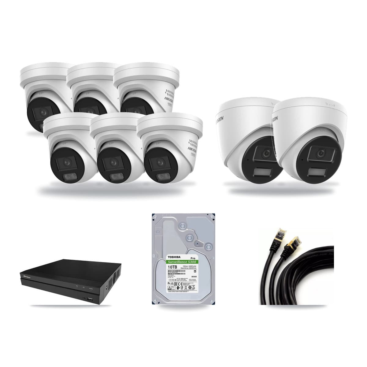 Hikvision & Prolux 8-Channel 4MP CCTV Kit — 2 DS-2CD1343G2 + 6 DS-2CD2347G3 Turret Cameras + 10TB Recording - Image 1