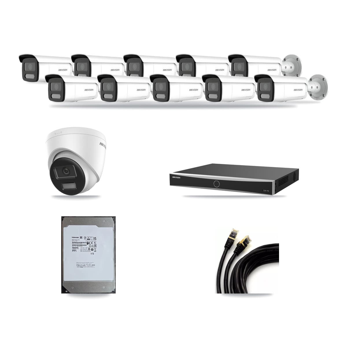 Hikvision 16-Channel 4MP – 4K CCTV Kit — 1 DS-2CD1383G2-LIUF/SL 4K Turret + 10 DS-2CD2T47G2H-LISU/SL 4MP Bullet Cameras + 14TB Recording (DS-7616NXI-K2/16P(E) Recorder) - Image 1