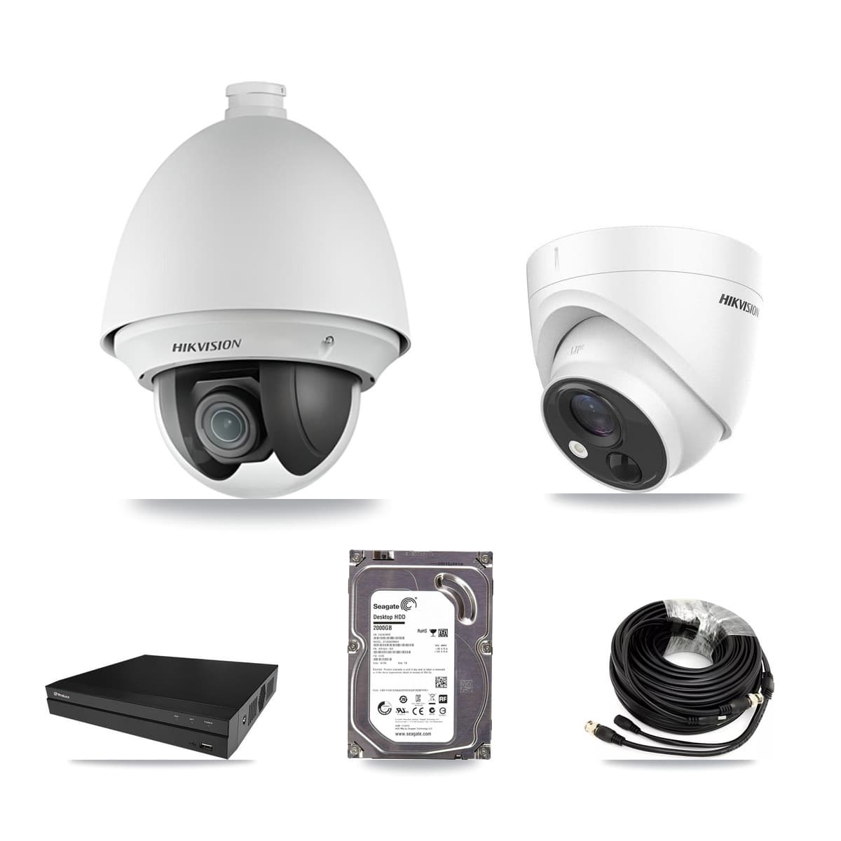 Hikvision & Prolux 8-Channel 2MP – 5MP CCTV Kit — 1 DS-2AE4225T 2MP PTZ + 1 DS-2CE71H0T 5MP Turret Cameras + 2TB Recording (PXD-5208AN Recorder)