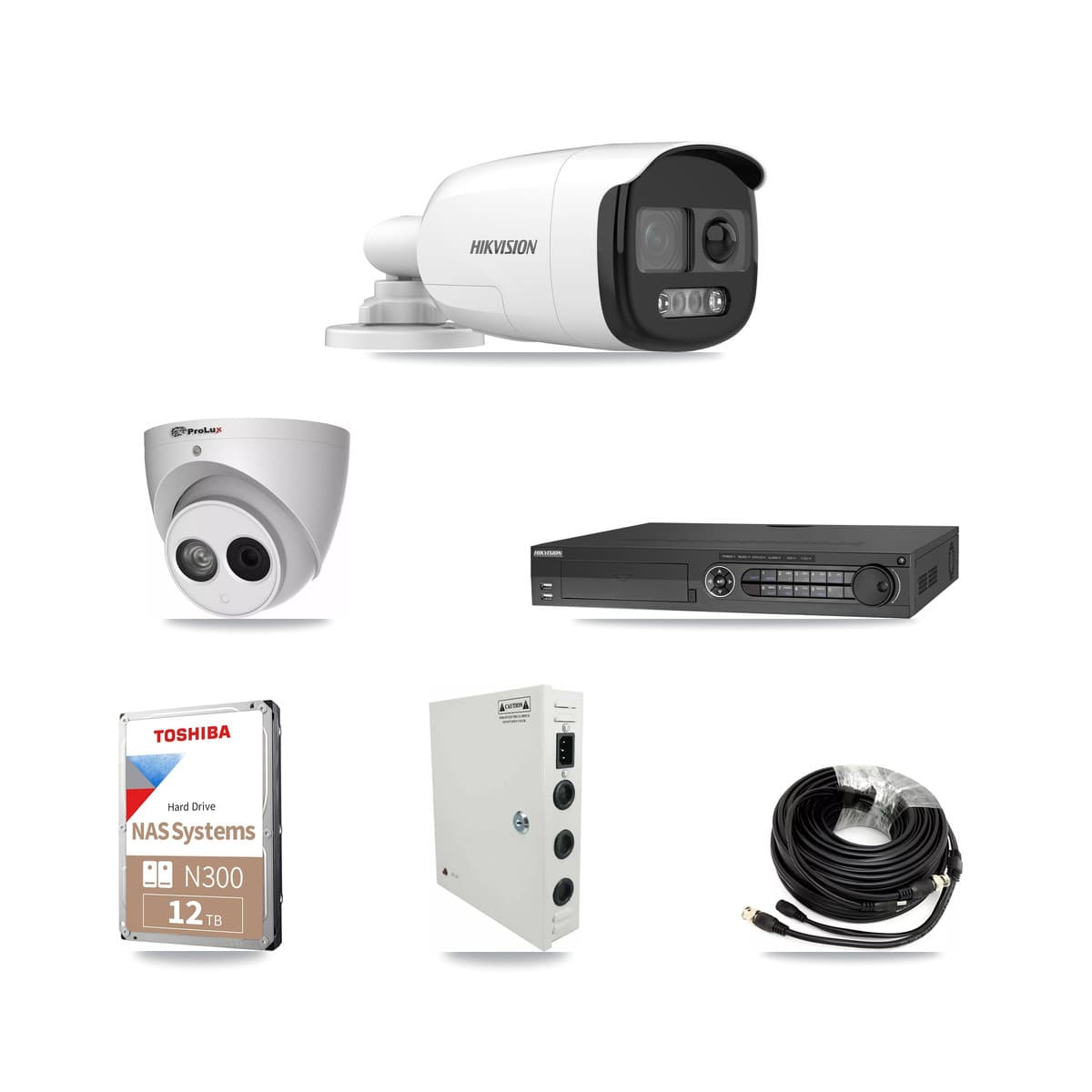 Hikvision & Prolux 32-Channel 4MP – 5MP CCTV Kit — 19 DS-2CE12KF3T 5MP Bullet + 1 PXC-612C4W-A 4MP Turret Cameras + 2× 12TB Recording (IDS-7332HUHI Recorder)