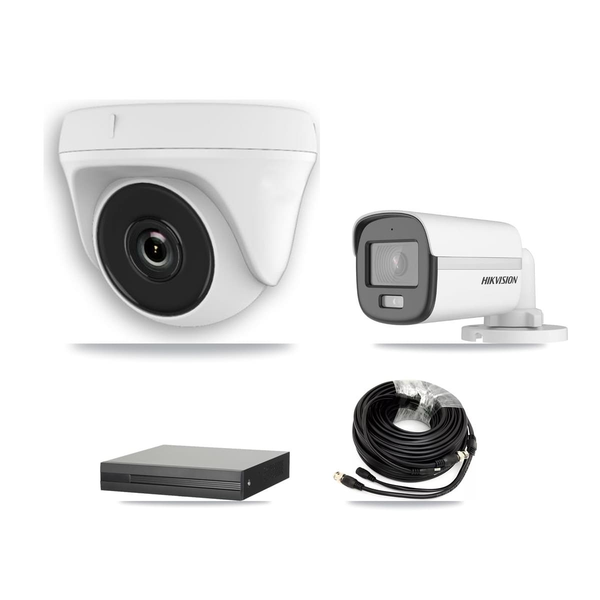Hikvision 4-Channel 2MP – 5MP CCTV Kit — 1 DS-2CE12KF0T 5MP Bullet + 3 White HDT-2MP-N20W 2MP Dome Cameras + 3TB Recording (XVR-3104HS Recorder)