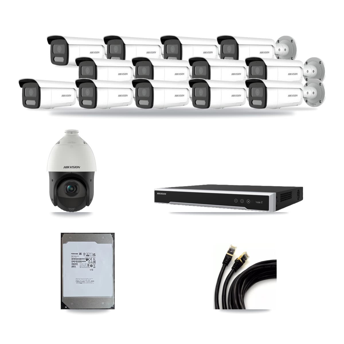 Hikvision 16-Channel 4MP CCTV Kit — 13 Bullet + 1 PTZ Cameras + 14TB Recording (DS-7616NI-M2 Recorder) - Image 1