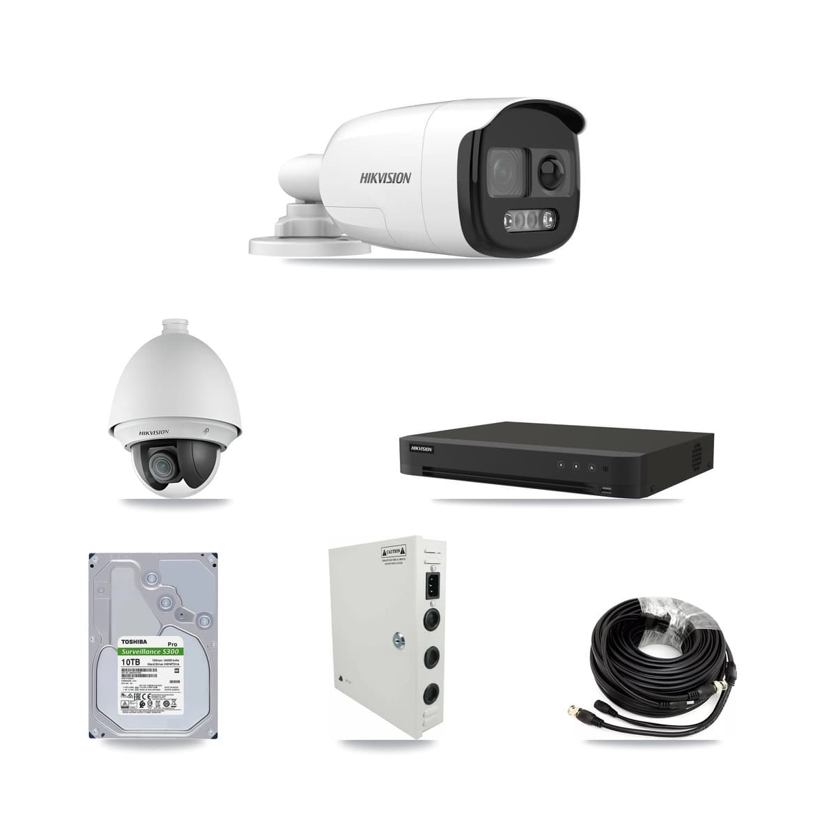 Hikvision 8-Channel 2MP – 5MP CCTV Kit — 1 DS-2AE4225T-A 2MP PTZ + 7 DS-2CE12KF3T-PIRXO 5MP Bullet Cameras + 10TB Recording (IDS-7208HUHI-M1/XT Recorder)