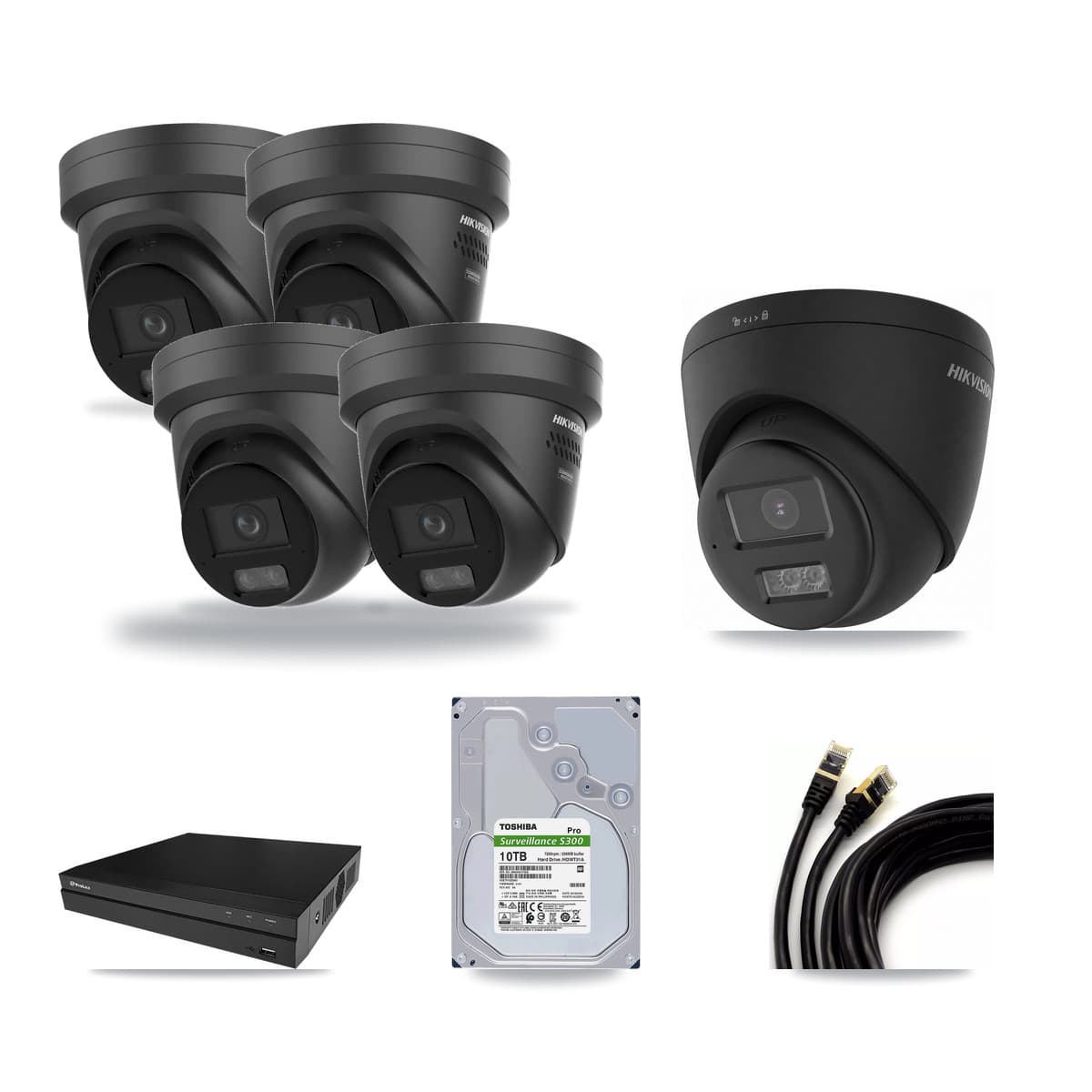 Hikvision & Prolux 8-Channel 4K CCTV Kit — 1 Black DS-2CD1383G2 + 4 Black DS-2CD2387G3 Turret Cameras + 10TB Recording - Image 1