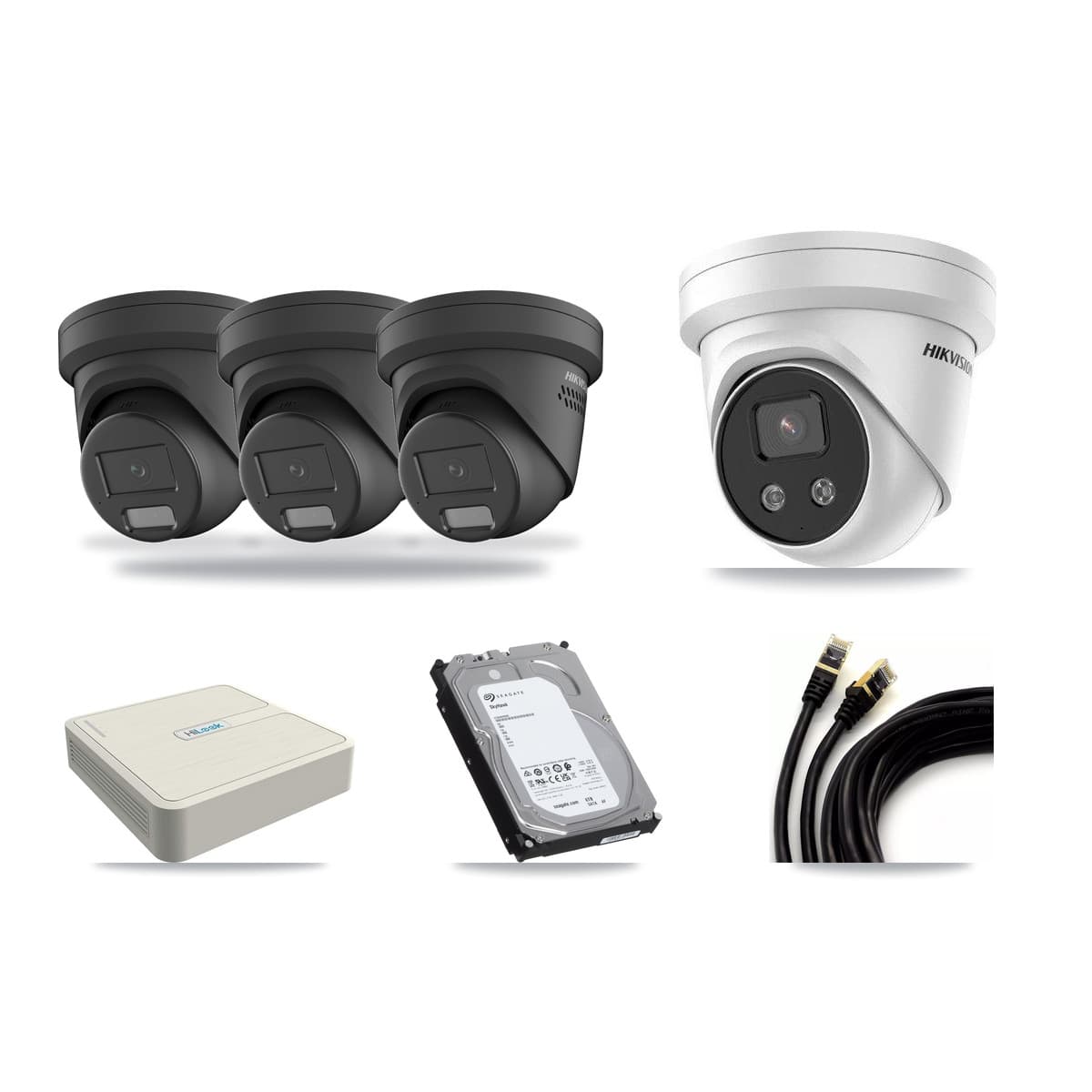 Hikvision & HiLook 8-Channel 4MP – 5MP CCTV Kit — 3 Black 4MP + 1 5MP Turret Cameras + 6TB Recording (NVR-108H-D Recorder) - Image 1