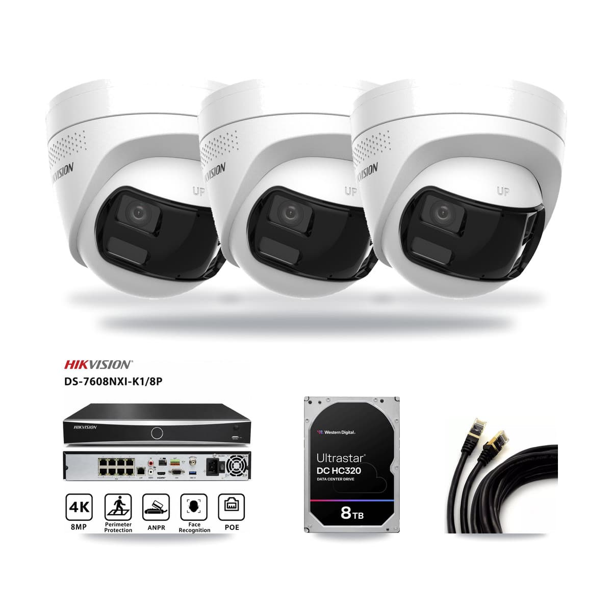 Hikvision 8-Channel 4K CCTV Kit — 3 DS-2CD1383G2P Turret Cameras + 8TB Recording (DS-7608NXI Recorder) - Image 1