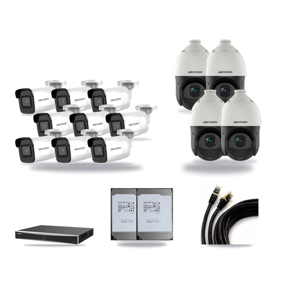 Hikvision 16-Channel 4MP – 4K CCTV Kit — 9 4K Bullet + 4 4MP PTZ Cameras + 2× 14TB Recording (DS-7616NXI Recorder) - Image 1