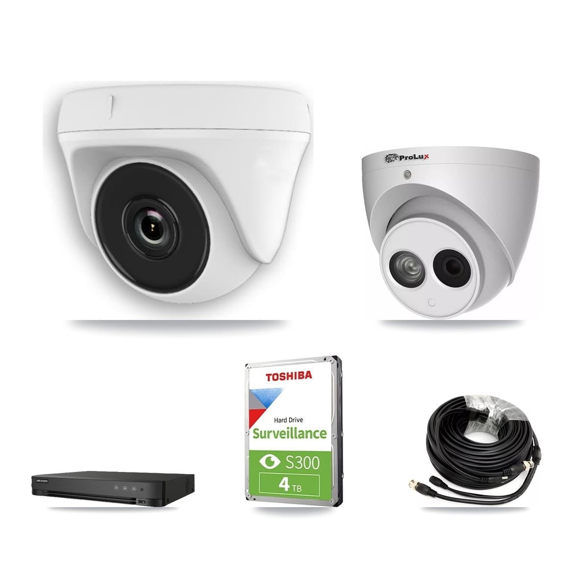 Prolux & Hikvision 8-Channel 2MP – 4MP CCTV Kit — 4 White 2MP Dome + 1 4MP Turret Cameras + 4TB Recording (IDS-7208HQHI Recorder)