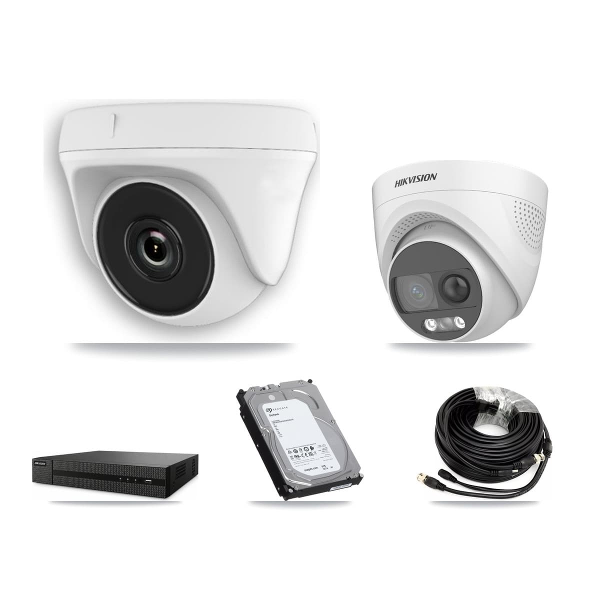 Hikvision 8-Channel 2MP – 5MP CCTV Kit — 2 DS-2CE72KF3T 5MP Turret + 6 White HDT-2MP-N20W 2MP Dome Cameras + 6TB Recording (DVR-8CH Recorder)