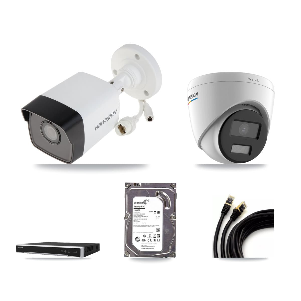 Hikvision 8-Channel 2MP – 5MP CCTV Kit — 1 5MP Bullet + 1 2MP Turret Cameras + 2TB Recording (DS-7608NI-M2 Recorder)
