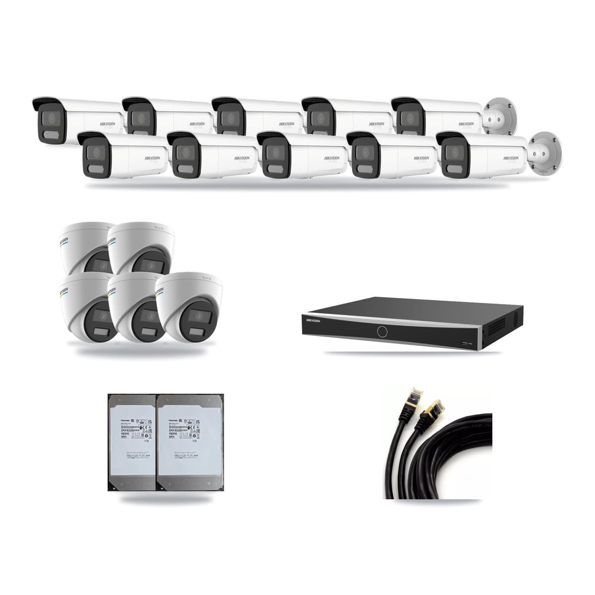 Hikvision 16-channel CCTV kit: 15 cameras (10× 4K Bullet + 5× 2MP Turret), 2× 14TB hard drive