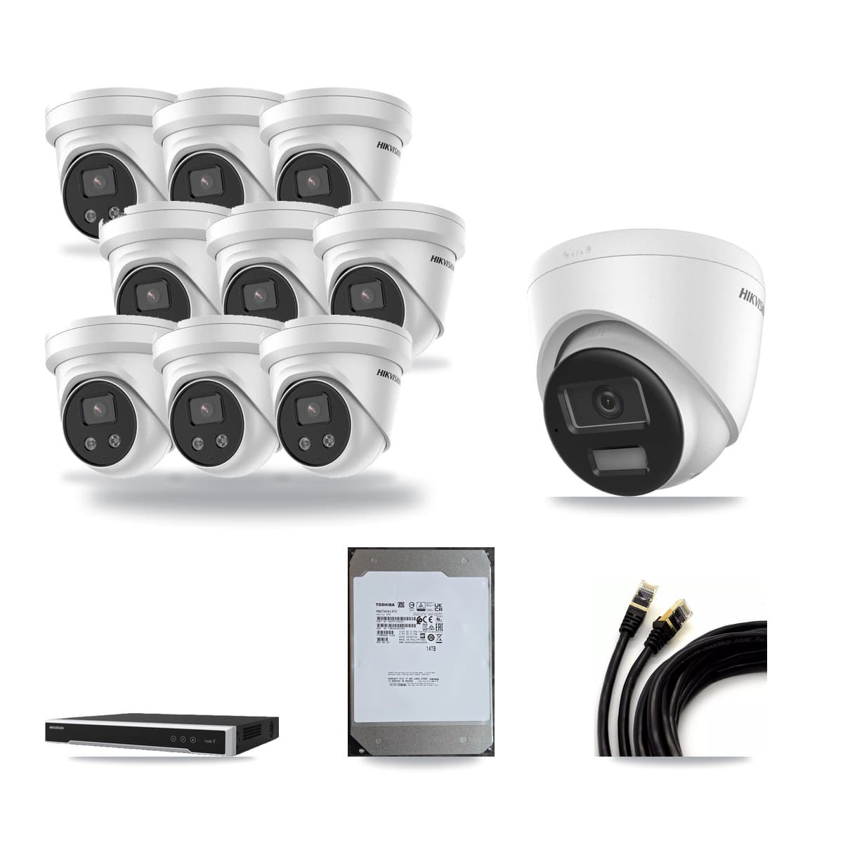 Hikvision 16-channel CCTV kit: 10 cameras (9× 5MP Turret + 1× 4K Turret), 14TB hard drive