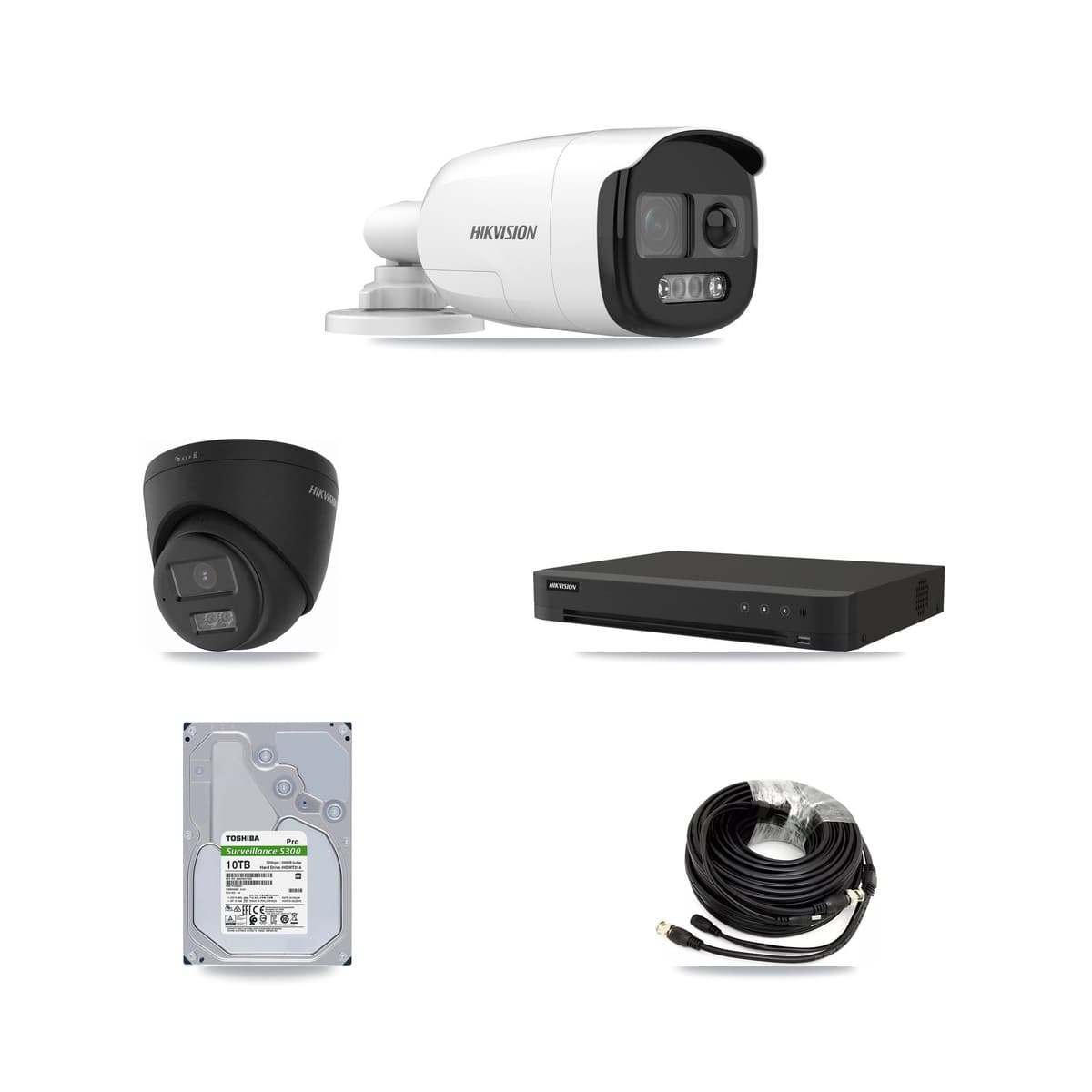 Hikvision 8-Channel 5MP – 4K CCTV Kit — 4 DS-2CE12KF3T-PIRXO 5MP Bullet + 2 Black DS-2CE78U0T-LTS-BLACK 4K Turret Cameras + 10TB Recording (IDS-7208HUHI-M1/XT Recorder)