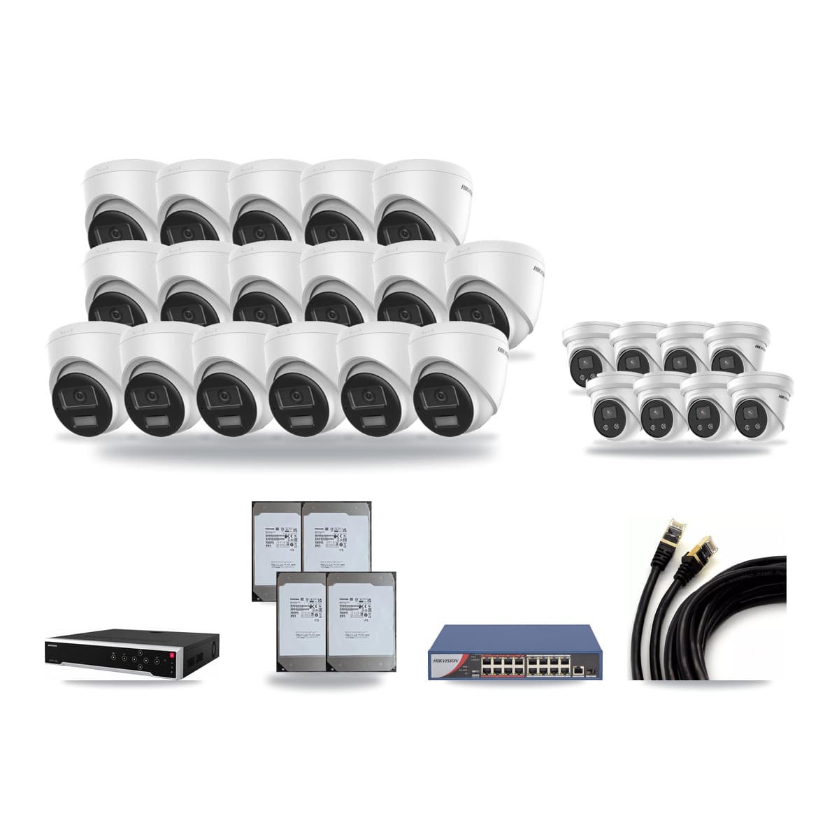 Hikvision 32-Channel 5MP – 4K CCTV Kit — 17 DS-2CD1383G2-LIUF/SL 4K + 8 DS-2CD3356G2-ISU 5MP Turret Cameras + 4× 14TB Recording (DS-7732NI-M4/24P Recorder) - Image 1
