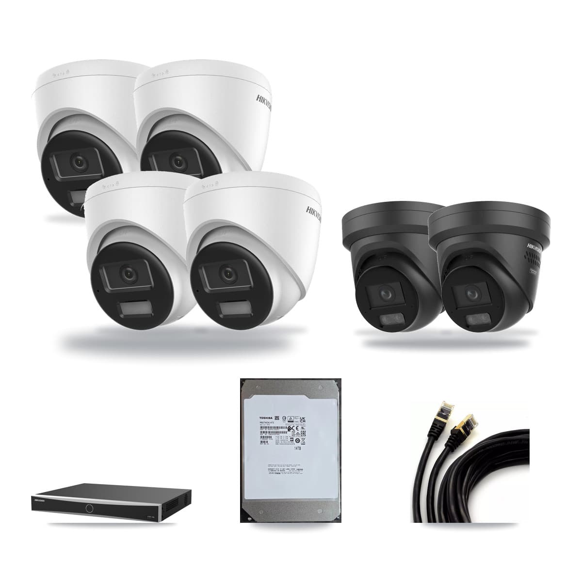 Hikvision 16-Channel 4K CCTV Kit — 4 DS-2CD1383G2 + 2 Black DS-2CD2387G3 Turret Cameras + 14TB Recording (DS-7616NXI Recorder) - Image 1