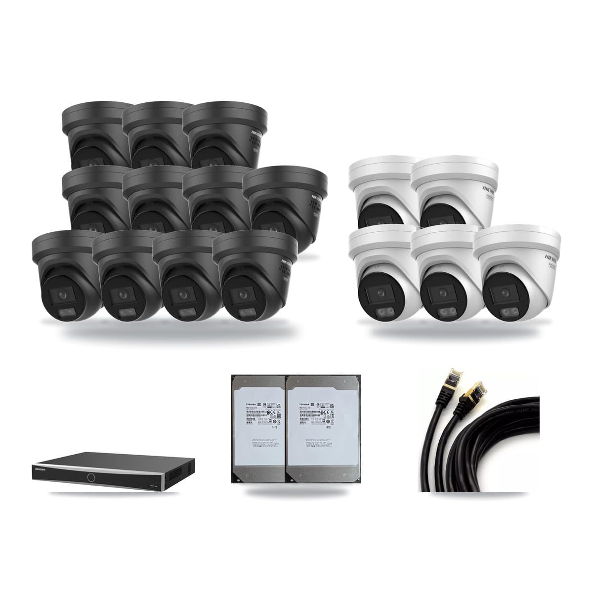 Hikvision 16-Channel 4K CCTV Kit — 5 + 11 Black Turret Cameras + 2× 14TB Recording (DS-7616NXI Recorder) - Image 1
