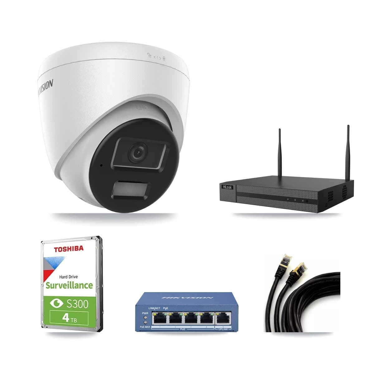 Hikvision & HiLook 4-Channel 4MP CCTV Kit — 3 DS-2CD1343G2 Turret Cameras + 4TB Recording
