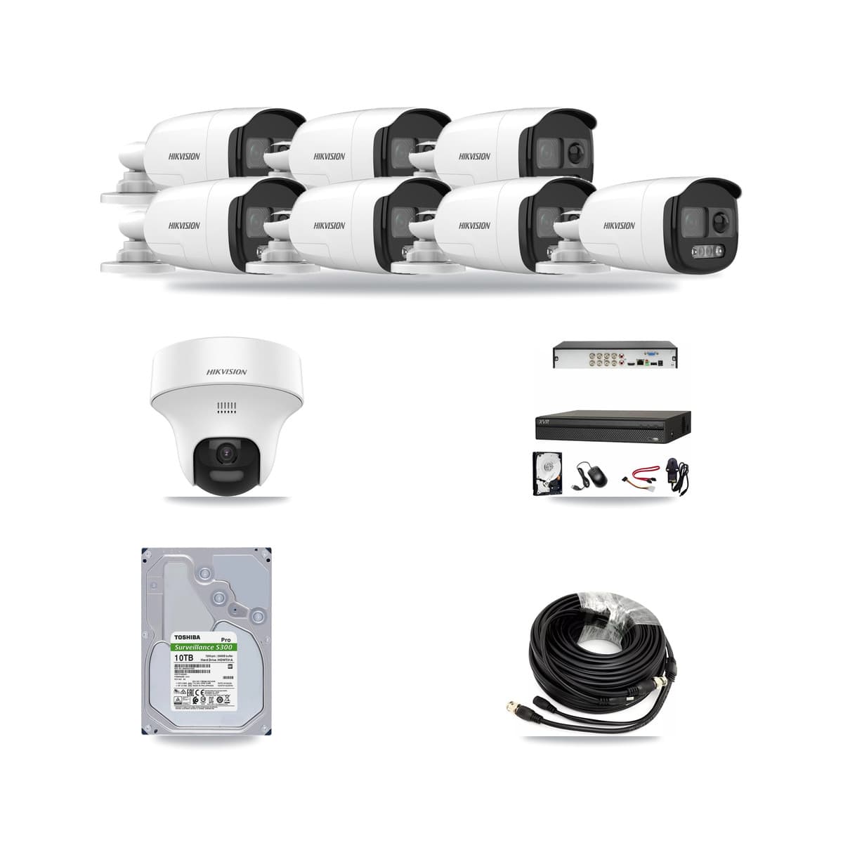 Hikvision & Dahua 8-Channel 5MP CCTV Kit — 7 DS-2CE12KF3T Bullet + 1 DS-2CE70K0T Turret Cameras + 10TB Recording - Image 1