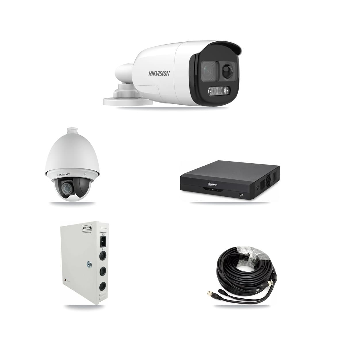Hikvision & Dahua 4-Channel 2MP – 5MP CCTV Kit — 1 DS-2AE4225T 2MP PTZ + 2 DS-2CE12KF3T 5MP Bullet Cameras + 3TB Recording