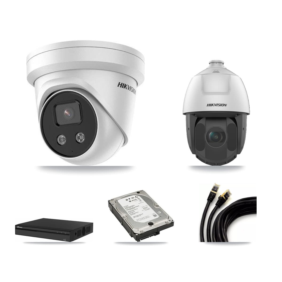 Hikvision & Prolux 4-Channel 2MP – 5MP CCTV Kit — 3 5MP Turret + 1 2MP PTZ Cameras + 5TB Recording