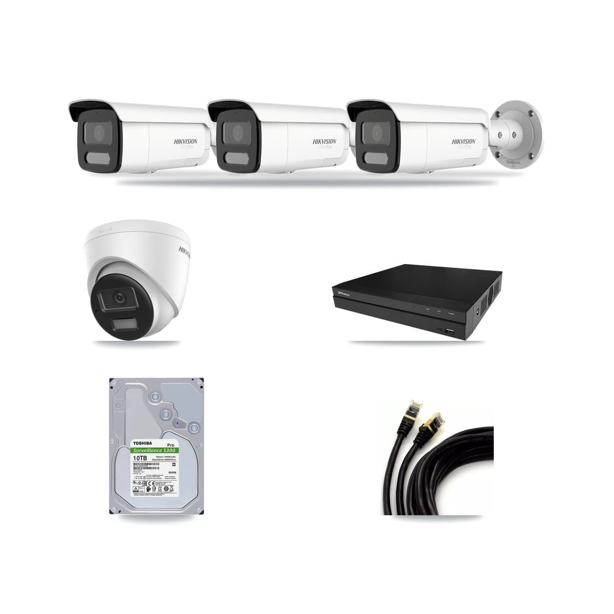 Hikvision & Prolux 8-Channel 4K CCTV Kit — 1 DS-2CD1383G2-LIU Turret + 3 White DS-2CD2T87G2H-LISU/SL-2.8MM-W Bullet Cameras + 10TB Recording (PXN-2108HS-8P-4K Recorder) - Image 1