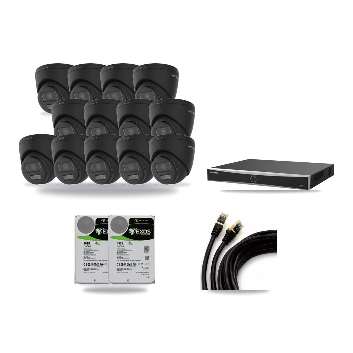 Hikvision 16-Channel 4K CCTV Kit — 13 Black Turret Cameras + 2× 16TB Recording (DS-7616NXI Recorder) - Image 1