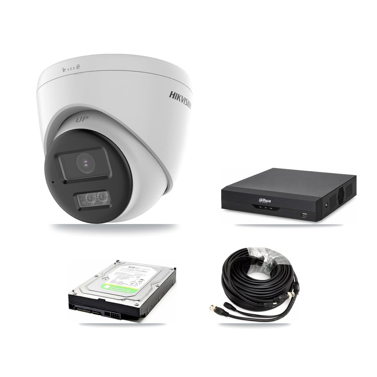 Hikvision & Dahua 4-Channel 5MP CCTV Kit — 2 DS-2CE78K0T-LTS Turret Cameras + 1TB Recording (DH-XVR5104HS-4KL-I2 Recorder)