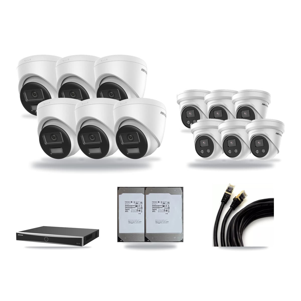 Hikvision 16-Channel 5MP – 4K CCTV Kit — 6 DS-2CD1383G2-LIUF/SL 4K + 6 DS-2CD3356G2-ISU 5MP Turret Cameras + 2× 14TB Recording (DS-7616NXI-K2/16P(E) Recorder) - Image 1