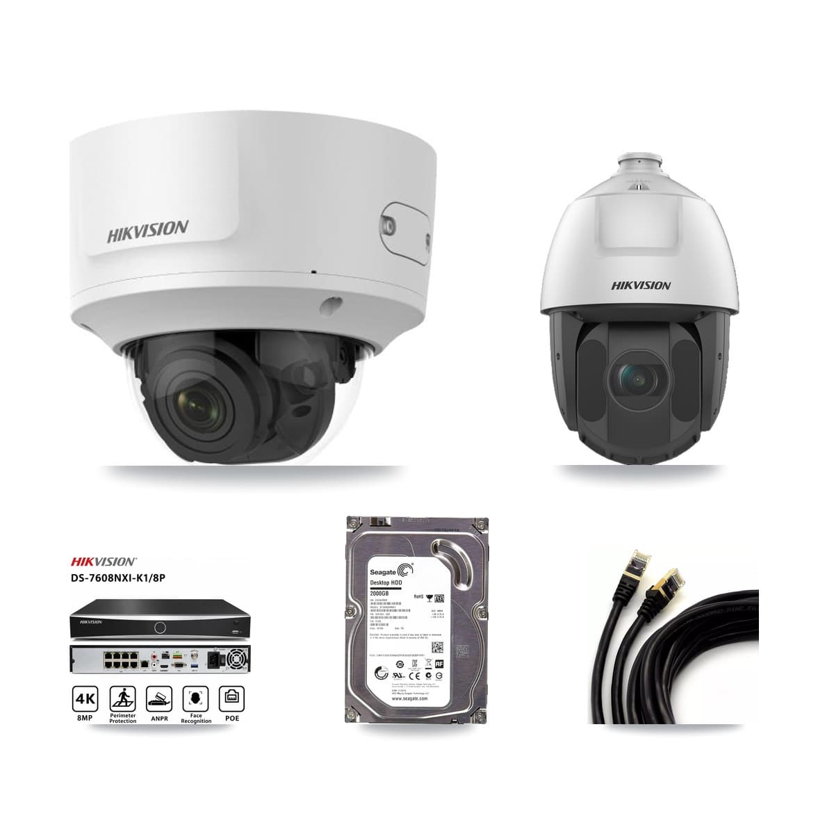 Hikvision 8-Channel 2MP CCTV Kit — 2 Dome + 1 PTZ Cameras + 2TB Recording (DS-7608NXI Recorder)