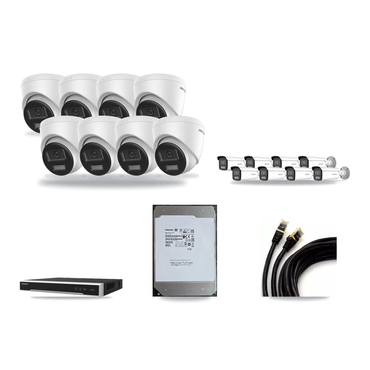 Hikvision 16-Channel 4MP – 4K CCTV Kit — 8 DS-2CD1383G2-LIUF/SL 4K Turret + 8 DS-2CD2T47G2H-LISU/SL 4MP Bullet Cameras + 14TB Recording (DS-7616NI-M2/16P Recorder) - Image 1