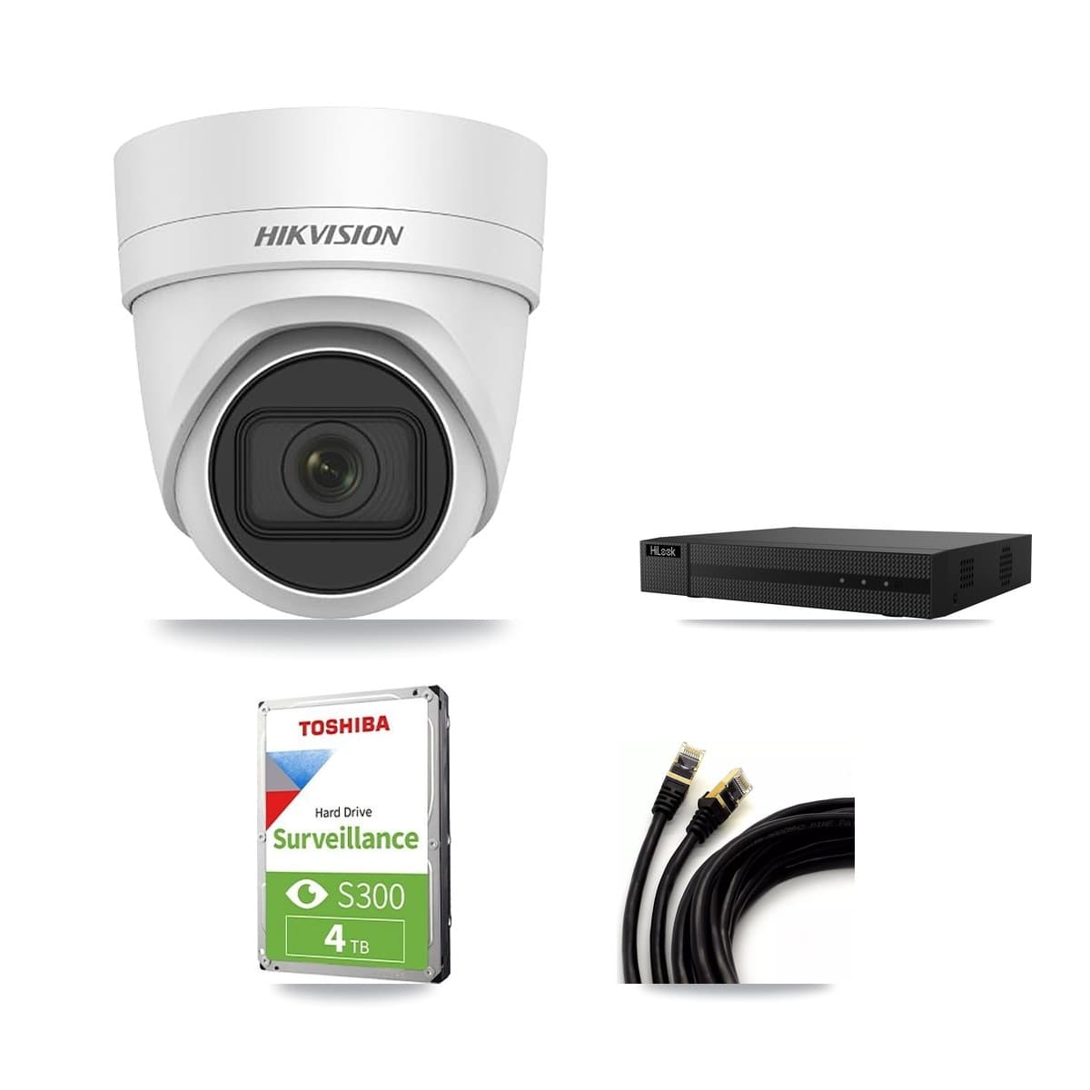Hikvision & HiLook 8-Channel 4MP CCTV Kit — 3 DS-2CD2H45FWD Turret Cameras + 4TB Recording (NVR-108MH-D Recorder)