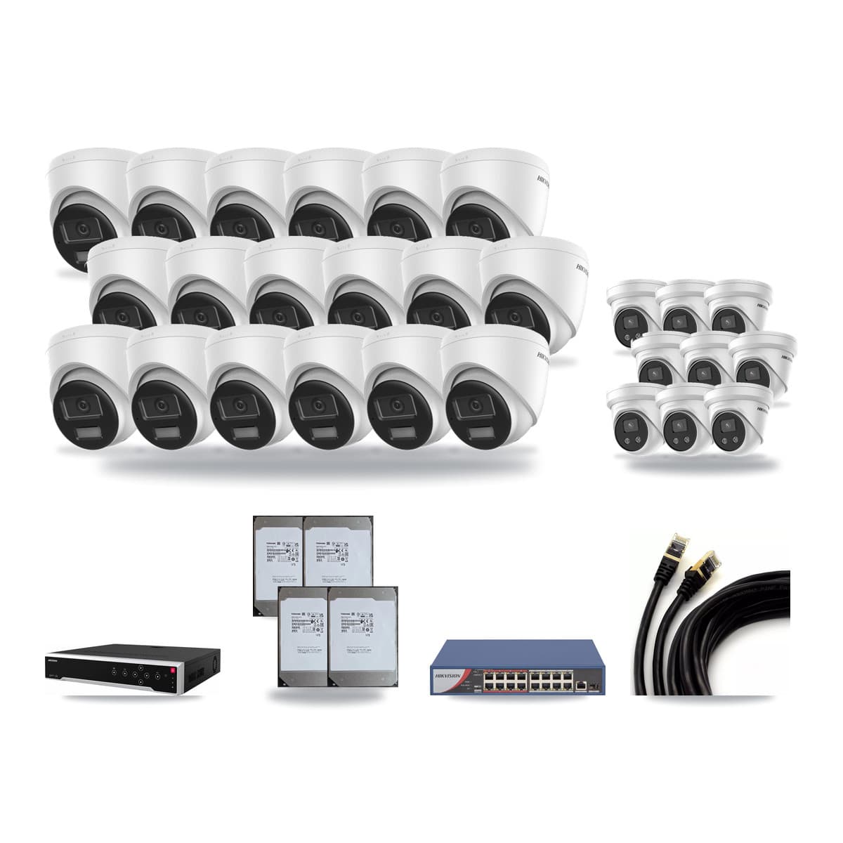 Hikvision 32-Channel 5MP – 4K CCTV Kit — 18 DS-2CD1383G2-LIU 4K + 9 DS-2CD3356G2-ISU 5MP Turret Cameras + 4× 14TB Recording (DS-7732NI-M4/24P Recorder) - Image 1