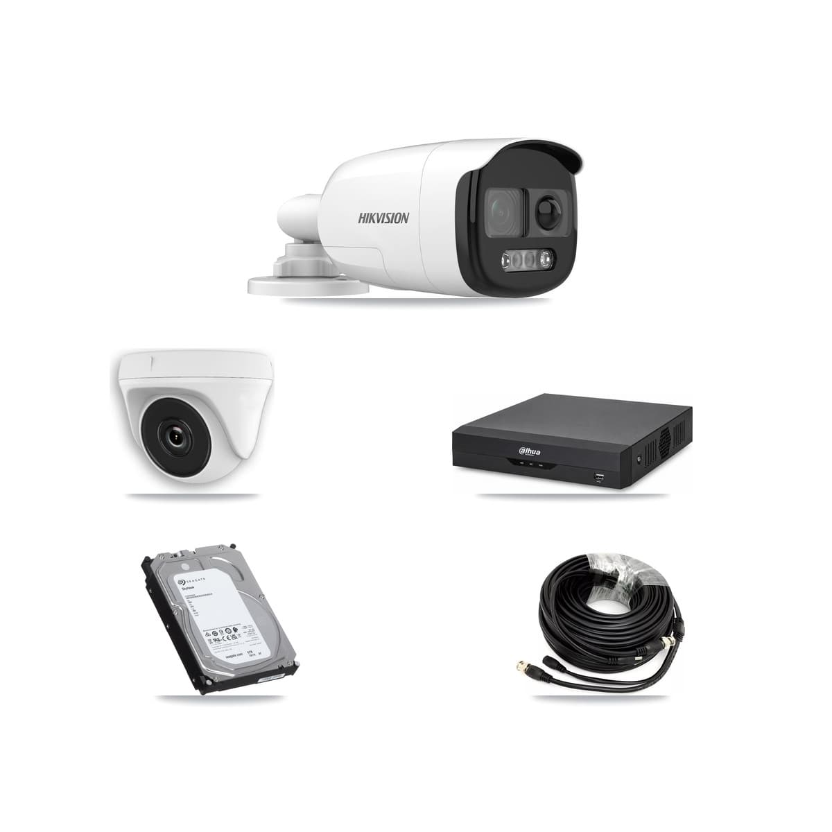 Hikvision & Dahua 4-Channel 2MP – 5MP CCTV Kit — 3 DS-2CE12KF3T 5MP Bullet + 1 White HDT-2MP-N20W 2MP Dome Cameras + 6TB Recording