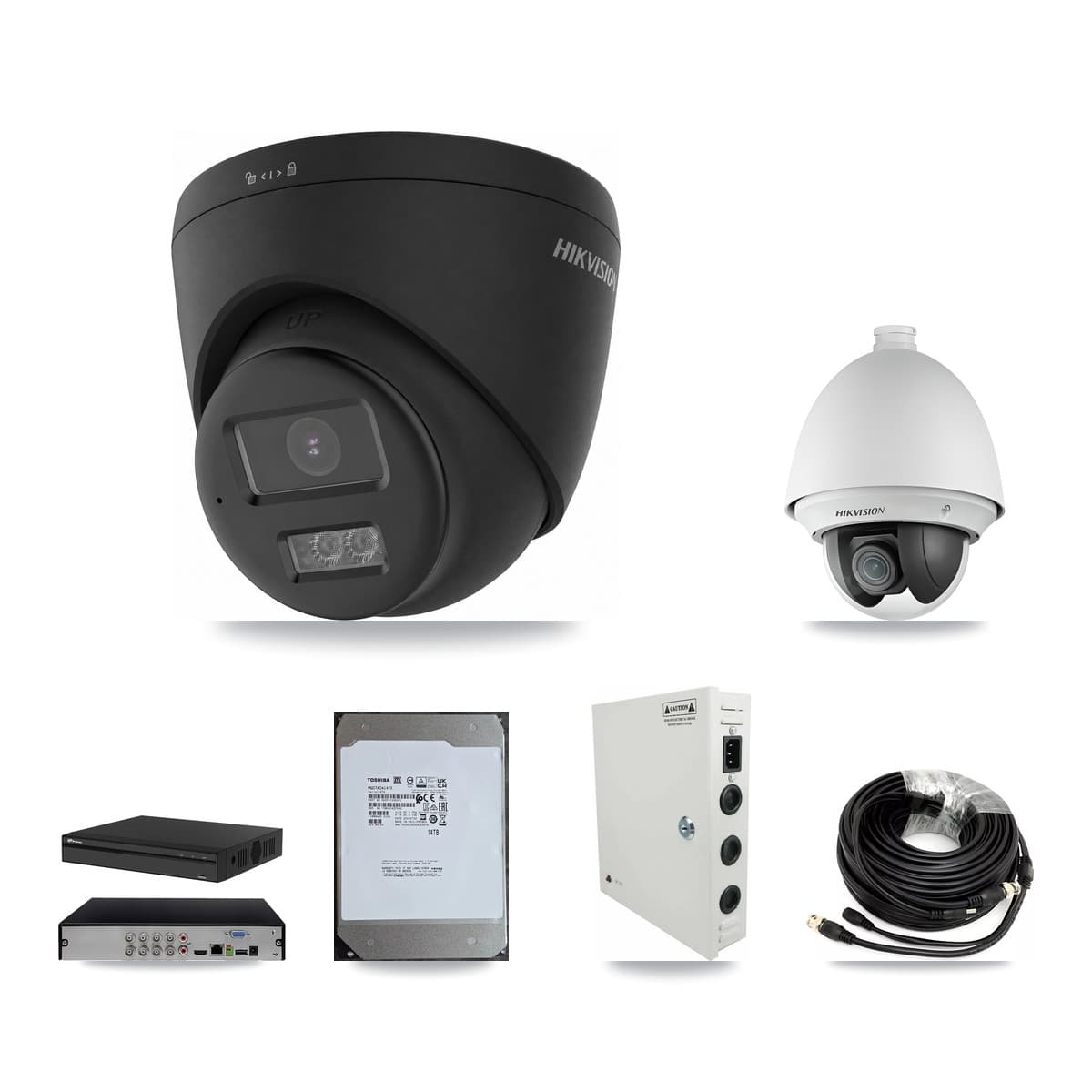 Hikvision & Prolux 8-Channel 2MP – 4K CCTV Kit — 2 2MP PTZ + 5 Black 4K Turret Cameras + 14TB Recording - Image 1