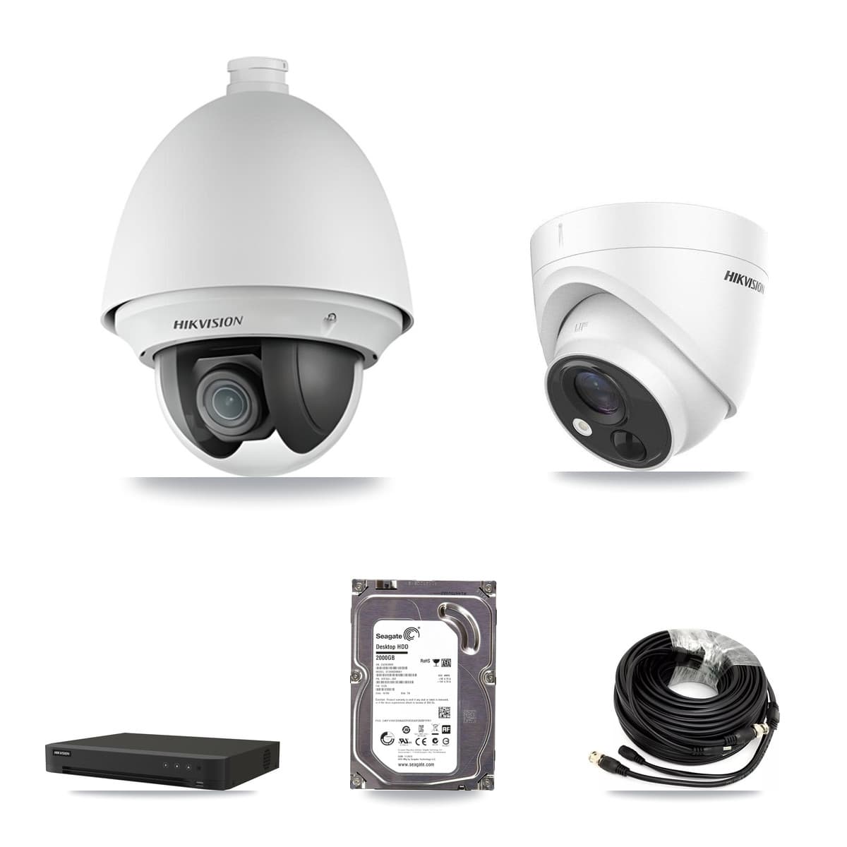 Hikvision 8-Channel 2MP – 5MP CCTV Kit — 1 DS-2AE4225T-A 2MP PTZ + 1 DS-2CE71H0T-PIRLO 5MP Turret Cameras + 2TB Recording (IDS-7208HUHI-M1/XT Recorder)