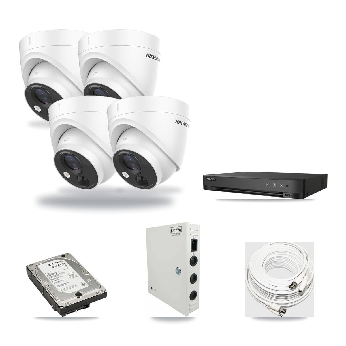 Hikvision 4-Channel 5MP CCTV Kit — 4 DS-2CE71H0T Turret Cameras + 5TB Recording (IDS-7204HUHI Recorder) - Image 1