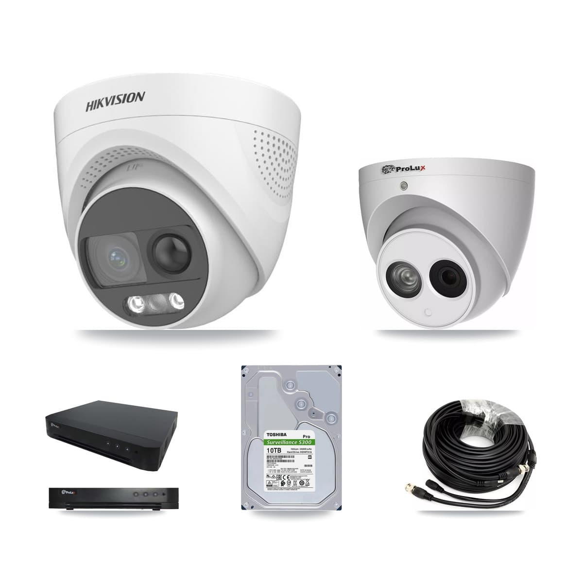 Hikvision & Prolux 16-Channel 4MP – 5MP CCTV Kit — 7 DS-2CE72KF3T 5MP + 1 PXC-612C4W-A 4MP Turret Cameras + 10TB Recording (PXD-8216 Recorder)
