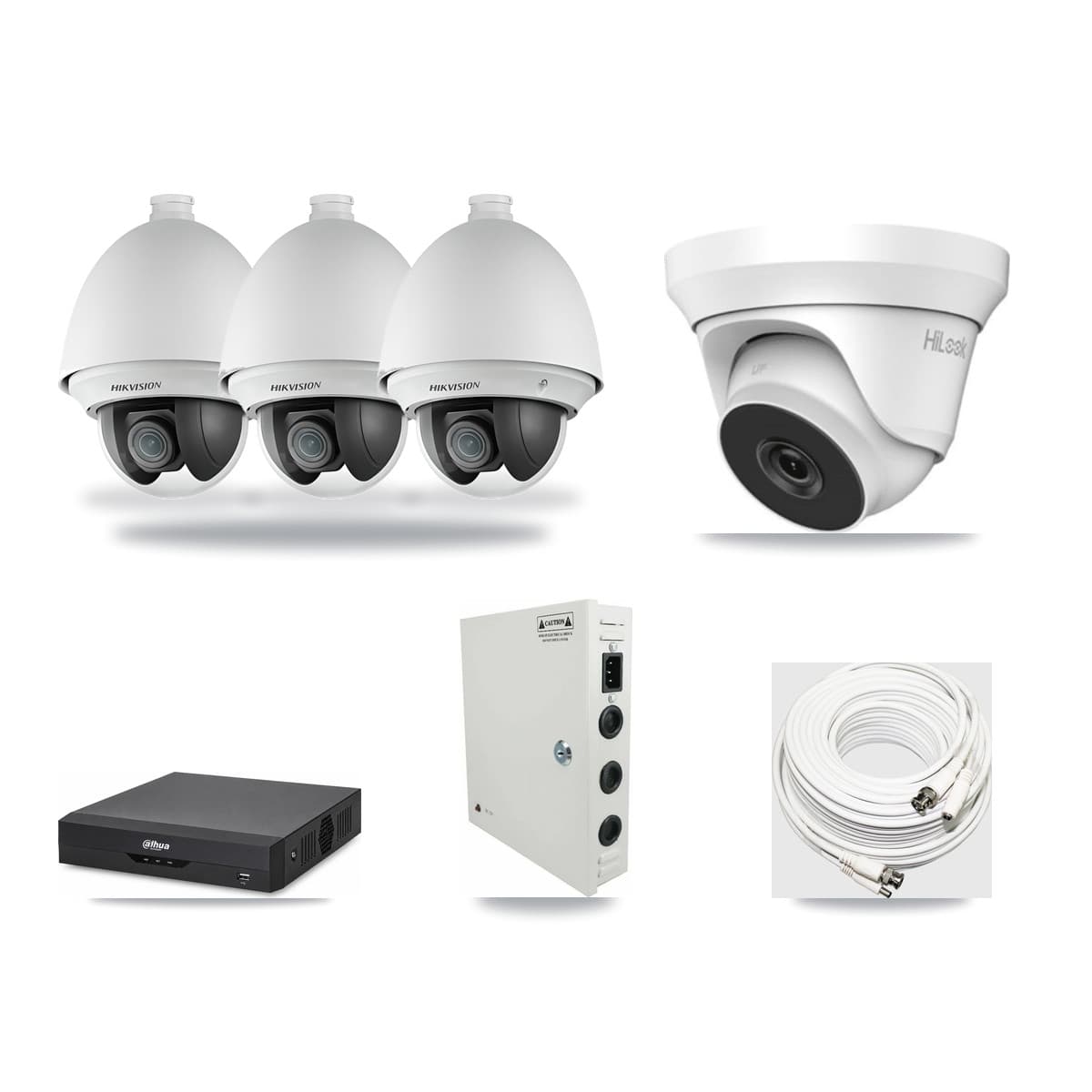 4-Channel 2MP – 4MP CCTV Kit — 3 2MP PTZ + 1 4MP Turret Cameras + 3TB Recording (DH-XVR5104HS Recorder) - Image 1
