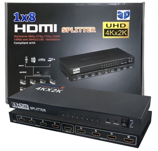 8-port 4K HDMI splitter box with one input and eight HDMI output ports and LED status indicators