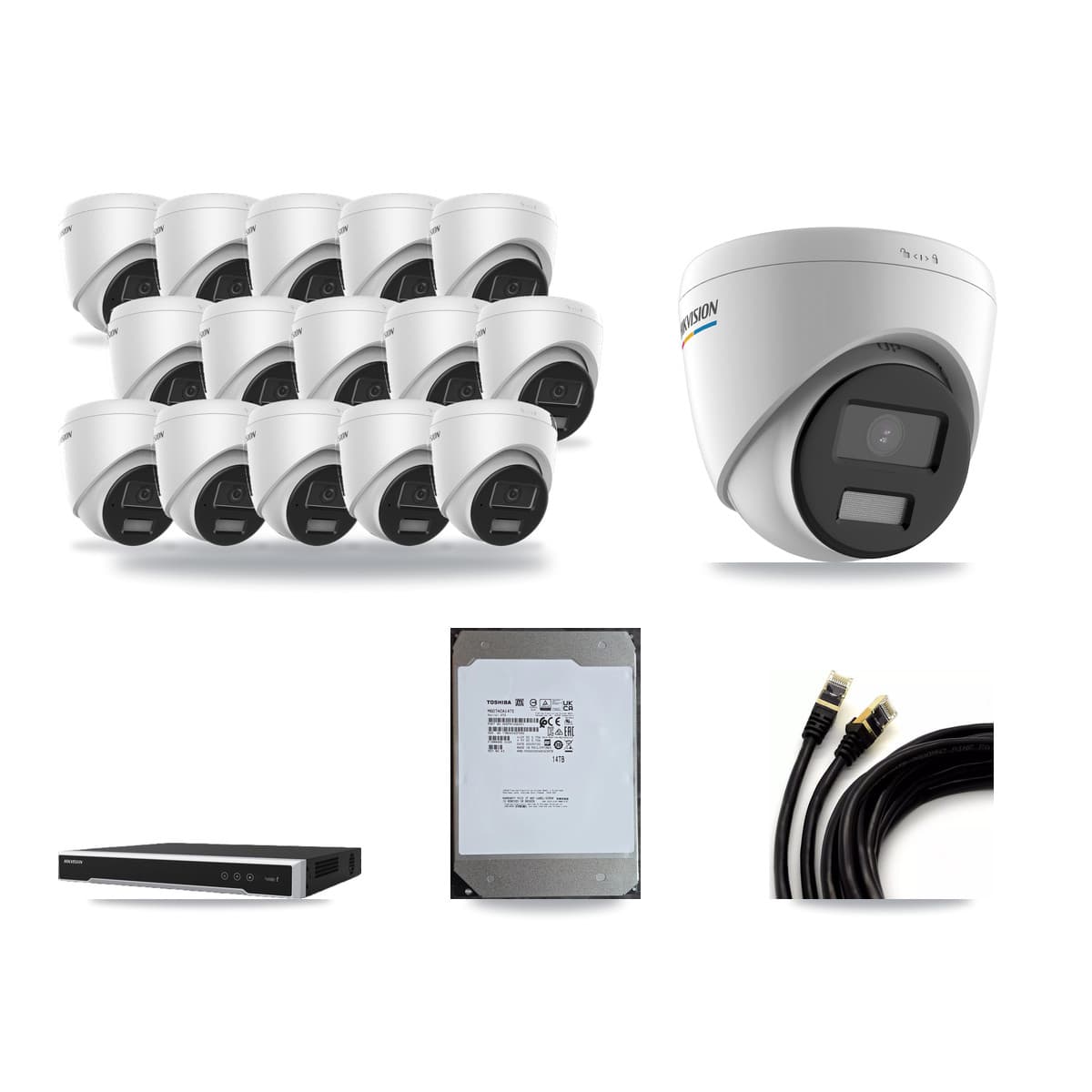 Hikvision 16-Channel 2MP – 4MP CCTV Kit — 1 2MP + 15 4MP Turret Cameras + 14TB Recording (DS-7616NI-M2 Recorder) - Image 1