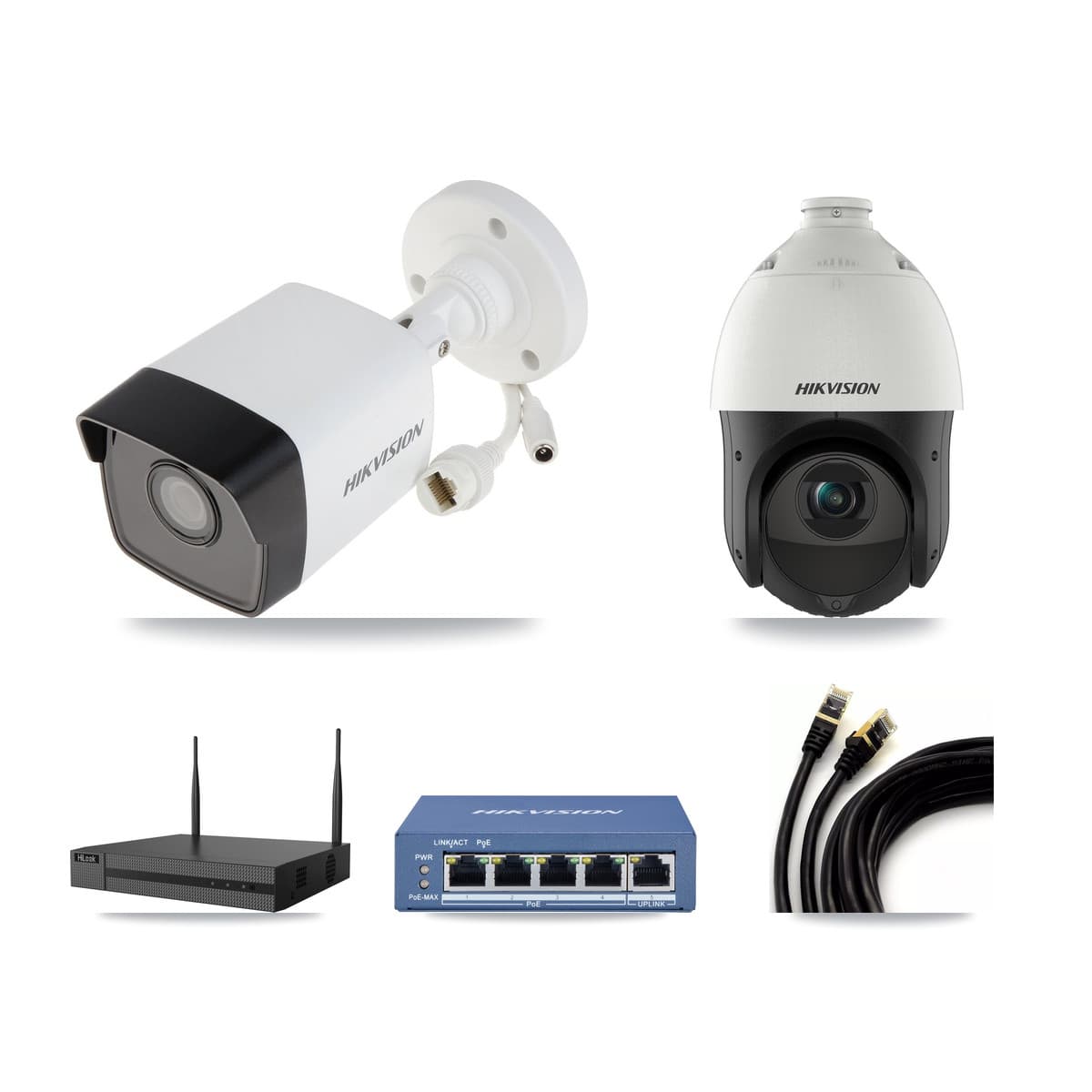 Hikvision & HiLook 4-Channel 4MP – 5MP CCTV Kit — 1 DS-2CD1053G0 5MP Bullet + 1 DS-2DE4425IW 4MP PTZ Cameras + 3TB Recording