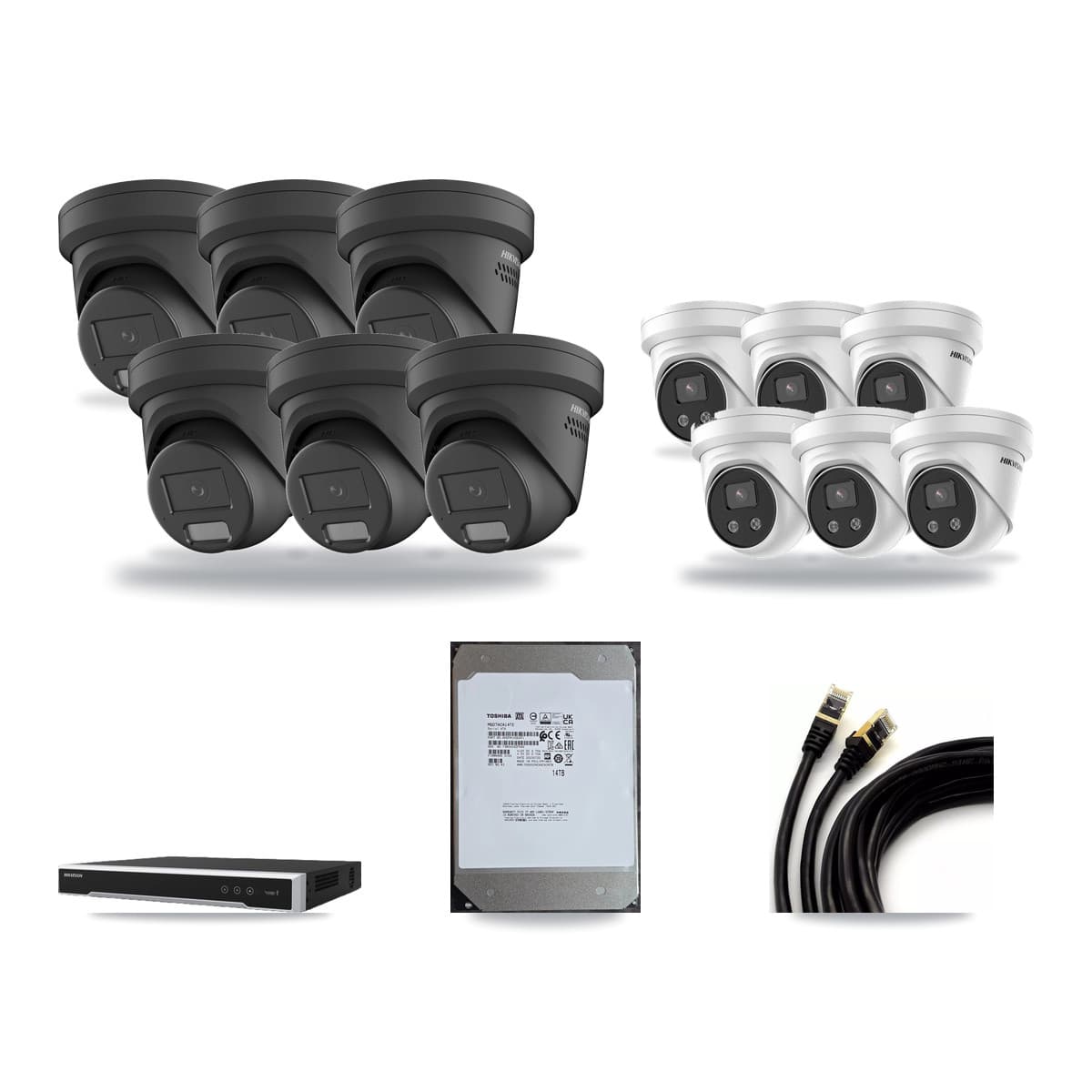 Hikvision 16-Channel 4MP – 5MP CCTV Kit — 6 Black 4MP + 6 5MP Turret Cameras + 14TB Recording (DS-7616NI-M2 Recorder) - Image 1