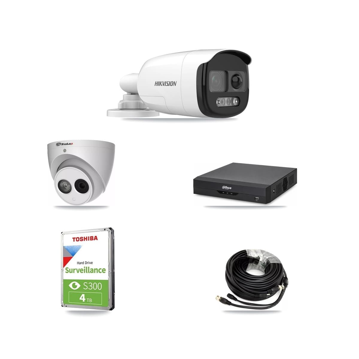 4-Channel 4MP – 5MP CCTV Kit — 2 DS-2CE12KF3T 5MP Bullet + 1 PXC-612C4W-A 4MP Turret Cameras + 4TB Recording (DH-XVR5104HS Recorder) - Image 1