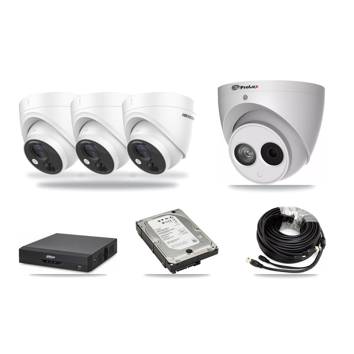 4-Channel 4MP – 5MP CCTV Kit — 3 DS-2CE71H0T 5MP + 1 PXC-612C4W-A 4MP Turret Cameras + 5TB Recording - Image 1