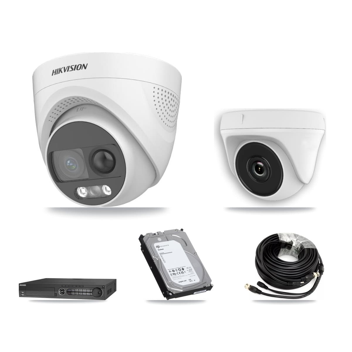 Hikvision 32-Channel 2MP – 5MP CCTV Kit — 3 DS-2CE72KF3T 5MP Turret + 3 White HDT-2MP-N20W 2MP Dome Cameras + 6TB Recording (IDS-7332HUHI Recorder) - Image 1