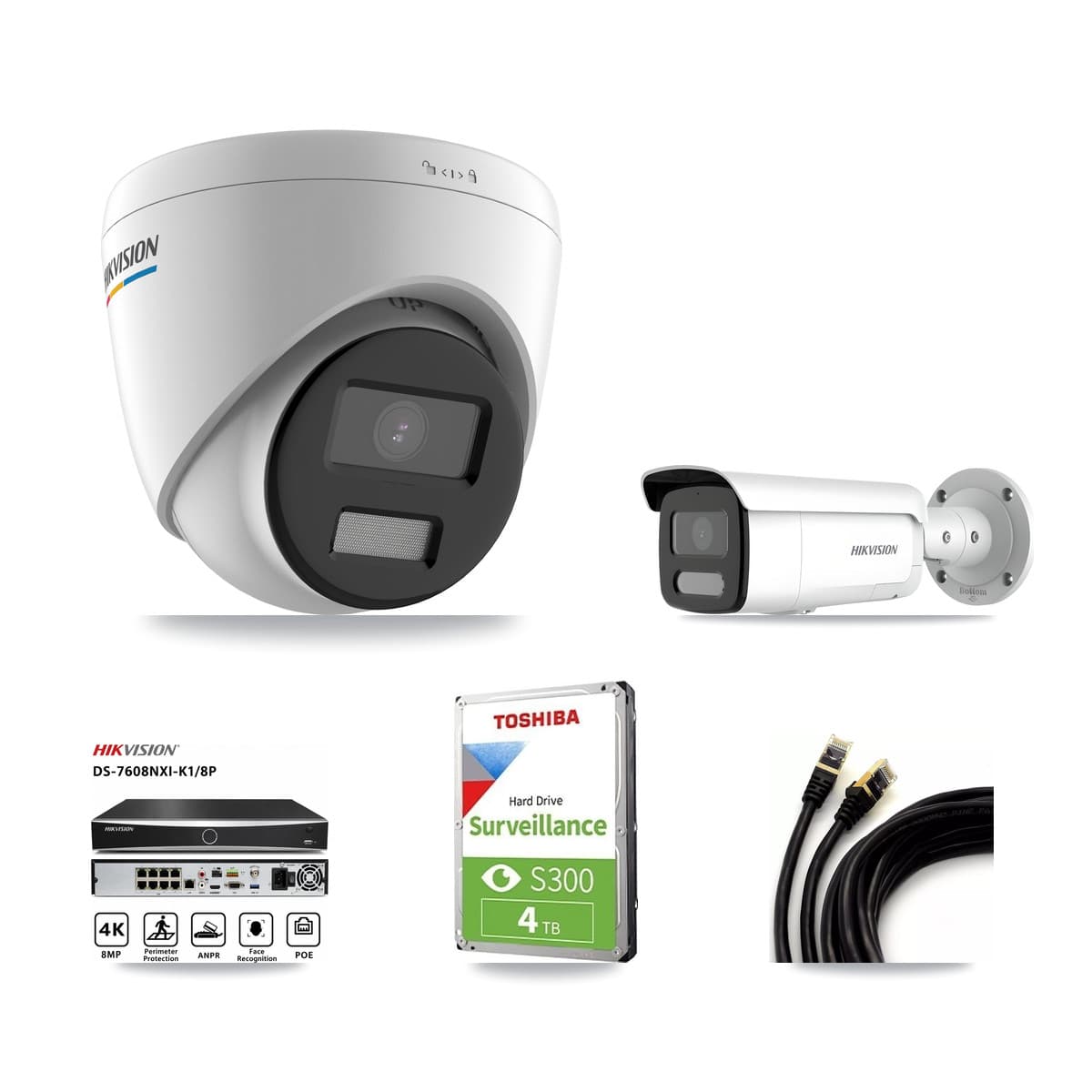 Hikvision 8-Channel 2MP – 4MP CCTV Kit — 2 2MP Turret + 2 4MP Bullet Cameras + 4TB Recording (DS-7608NXI Recorder)